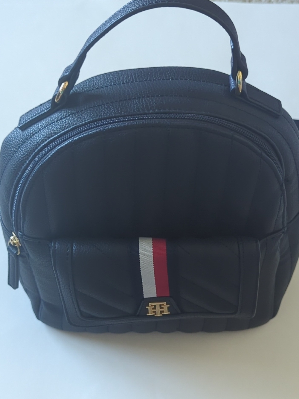 Tommy Hilfiger Navy Quilted Mini Backpack with Signature Stripe and Gold Logo - Picture 3 of 4
